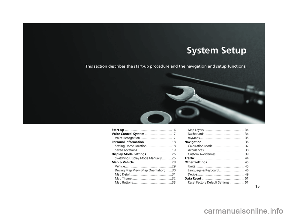 HONDA CR-V 2018 Navigation Manual (in English) 15
System Setup
This section describes the start-up procedure and the navigation and setup functions.
Start-up....................................................16
Voice Control System .............. HONDA CR-V 2018 Navigation Manual (in English) 15
System Setup
This section describes the start-up procedure and the navigation and setup functions.
Start-up....................................................16
Voice Control System ..............