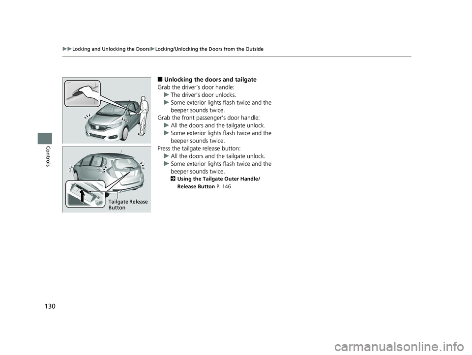 HONDA FIT 2018  Owners Manual (in English) 130
uuLocking and Unlocking the Doors uLocking/Unlocking the Doors from the Outside
Controls
■Unlocking the doors and tailgate
Grab the driver’s door handle: u The driver’s door unlocks.
u Some 