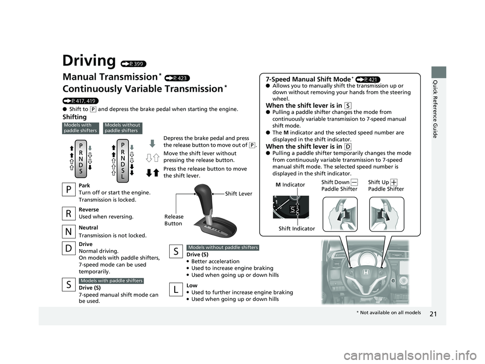HONDA FIT 2018 (in English) Owners Guide 21
Quick Reference Guide
Driving (P399)
Depress the brake pedal and press
the release button to move out of (P.
Manual Transmission* (P423)
Continuously Variable Transmission*
(P417, 419)
● Shift HONDA FIT 2018 (in English) Owners Guide 21
Quick Reference Guide
Driving (P399)
Depress the brake pedal and press
the release button to move out of (P.
Manual Transmission* (P423)
Continuously Variable Transmission*
(P417, 419)
● Shift