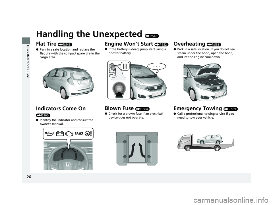 HONDA FIT 2018  Owners Manual (in English) 26
Quick Reference Guide
Handling the Unexpected (P543)
Flat Tire (P545)
● Park in a safe location and replace the 
flat tire with the compact spare tire in the 
cargo area.
Indicators Come On 
(P56