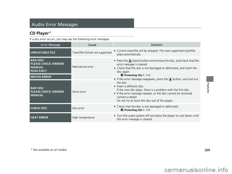 HONDA FIT 2018 Owners Manual (in English) 309
Features
Audio Error Messages
CD Player*
If a disc error occurs, you may see the following error messages.
Error MessageCauseSolution
UNPLAYABLE FILETrack/file format not supported●Current track HONDA FIT 2018 Owners Manual (in English) 309
Features
Audio Error Messages
CD Player*
If a disc error occurs, you may see the following error messages.
Error MessageCauseSolution
UNPLAYABLE FILETrack/file format not supported●Current track