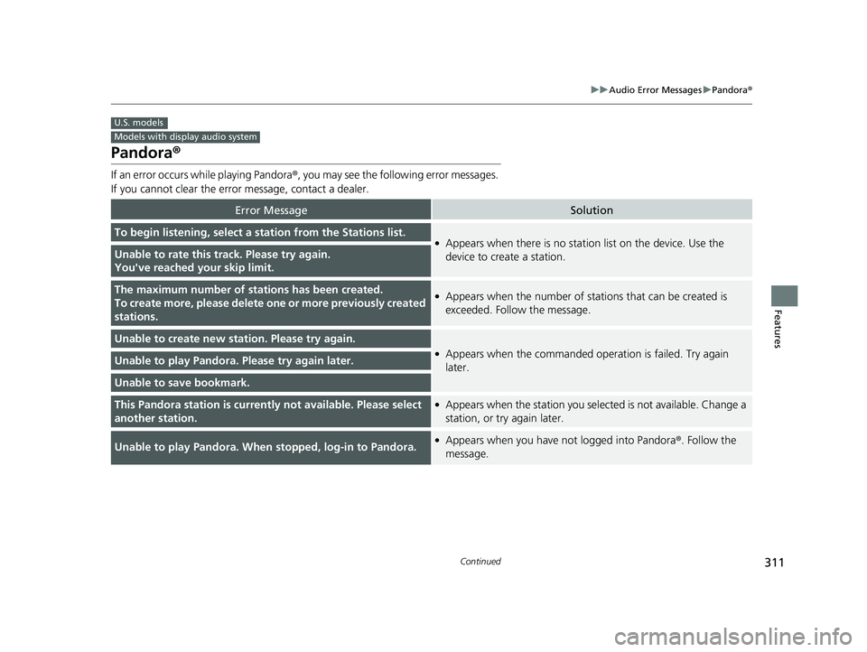 HONDA FIT 2018 Owners Manual (in English) 311
uuAudio Error Messages uPandora ®
Continued
Features
Pandora ®
If an error occurs while playing Pandora ®, you may see the following error messages.
If you cannot clear the error message, cont HONDA FIT 2018 Owners Manual (in English) 311
uuAudio Error Messages uPandora ®
Continued
Features
Pandora ®
If an error occurs while playing Pandora ®, you may see the following error messages.
If you cannot clear the error message, cont