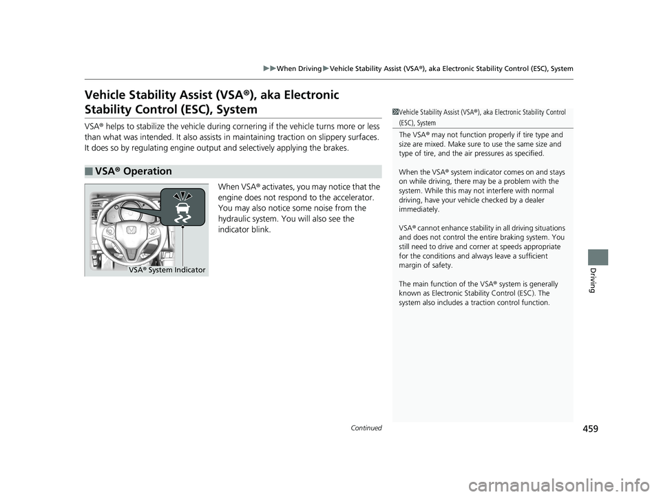 HONDA FIT 2018  Owners Manual (in English) 459
uuWhen Driving uVehicle Stability Assist (VSA ®), aka Electronic Stability Control (ESC), System
Continued
Driving
Vehicle Stability Assist (VSA ®), aka Electronic 
Stability Control (ESC), Syst