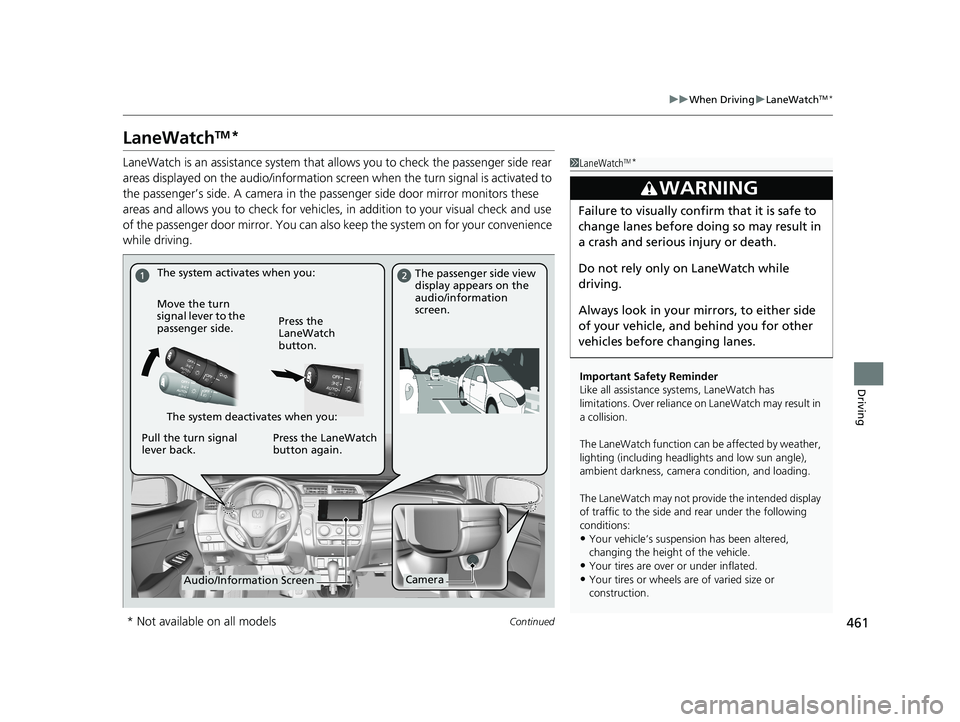 HONDA FIT 2018  Owners Manual (in English) 461
uuWhen Driving uLaneWatchTM*
Continued
Driving
LaneWatchTM*
LaneWatch is an assistance system that al lows you to check the passenger side rear 
areas displayed on the audio/information screen  wh