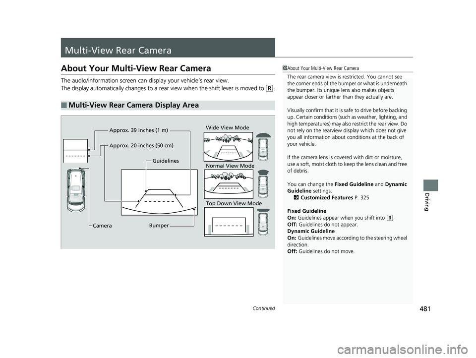 HONDA FIT 2018 Owners Manual (in English) 481Continued
Driving
Multi-View Rear Camera
About Your Multi-View Rear Camera
The audio/information screen can display your vehicle’s rear view.
The display automatically changes to a rear view whe HONDA FIT 2018 Owners Manual (in English) 481Continued
Driving
Multi-View Rear Camera
About Your Multi-View Rear Camera
The audio/information screen can display your vehicle’s rear view.
The display automatically changes to a rear view whe