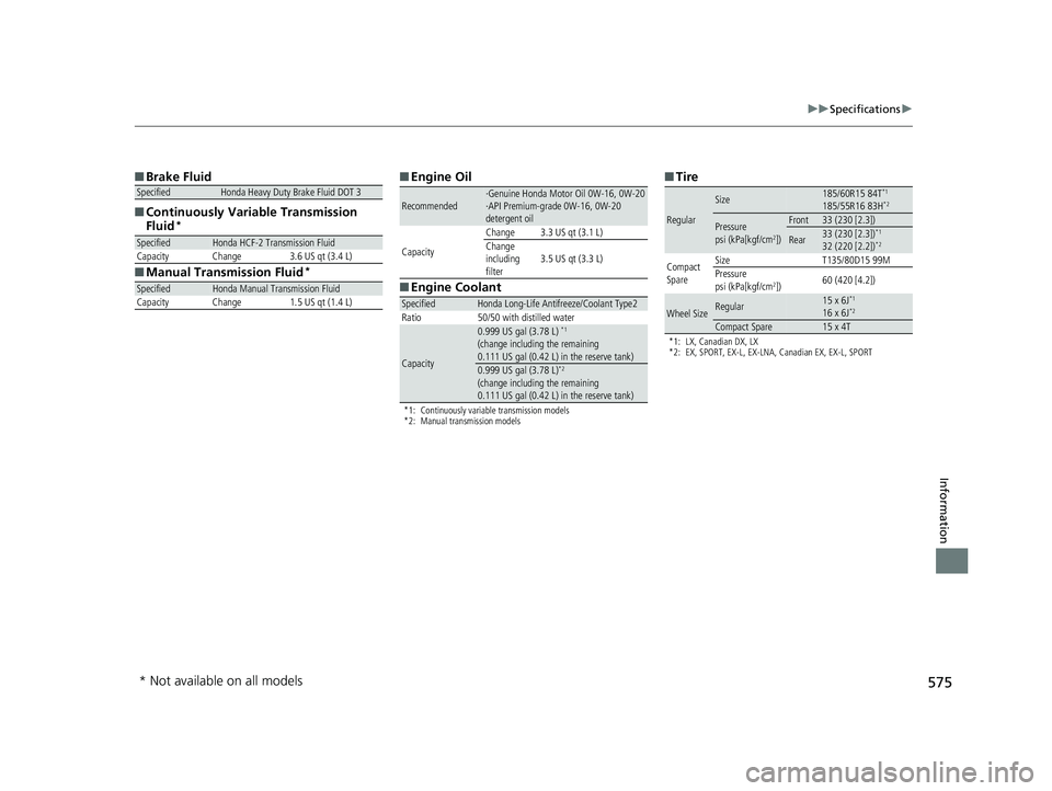 HONDA FIT 2018 Owners Manual (in English) 575
uuSpecifications u
Information
■Brake Fluid
■ Continuously Variable Transmission
Fluid
*
■Manual Transmission Fluid*
SpecifiedHonda Heavy Duty Brake Fluid DOT 3
SpecifiedHonda HCF-2 Transmi HONDA FIT 2018 Owners Manual (in English) 575
uuSpecifications u
Information
■Brake Fluid
■ Continuously Variable Transmission
Fluid
*
■Manual Transmission Fluid*
SpecifiedHonda Heavy Duty Brake Fluid DOT 3
SpecifiedHonda HCF-2 Transmi