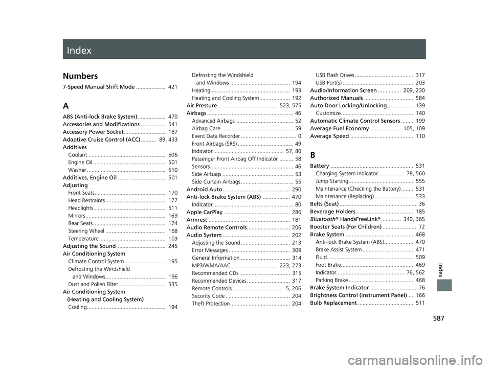 HONDA FIT 2018  Owners Manual (in English) Index
587
Index
Index
Numbers
7-Speed Manual Shift Mode...................  421
A
ABS (Anti-lock Brake System) ..................  470
Accessories and Modifications ................  541
Accessory Pow