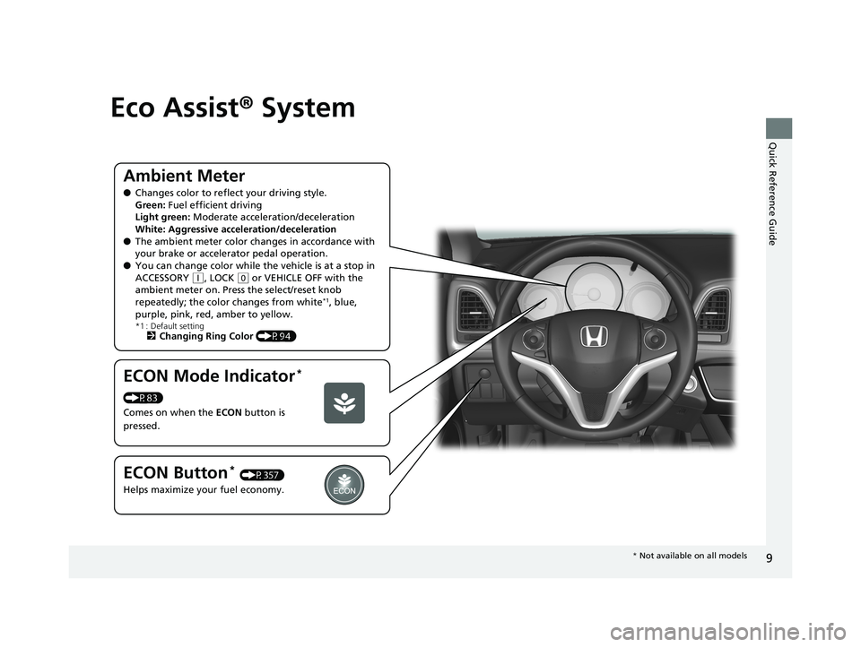 HONDA HR-V 2018 (in English) User Guide 9
Quick Reference Guide
Eco Assist® System
Ambient Meter
●Changes color to reflec t your driving style.
Green: Fuel efficient driving
Light green: Moderate acceleration/deceleration
White: Aggress HONDA HR-V 2018 (in English) User Guide 9
Quick Reference Guide
Eco Assist® System
Ambient Meter
●Changes color to reflec t your driving style.
Green: Fuel efficient driving
Light green: Moderate acceleration/deceleration
White: Aggress