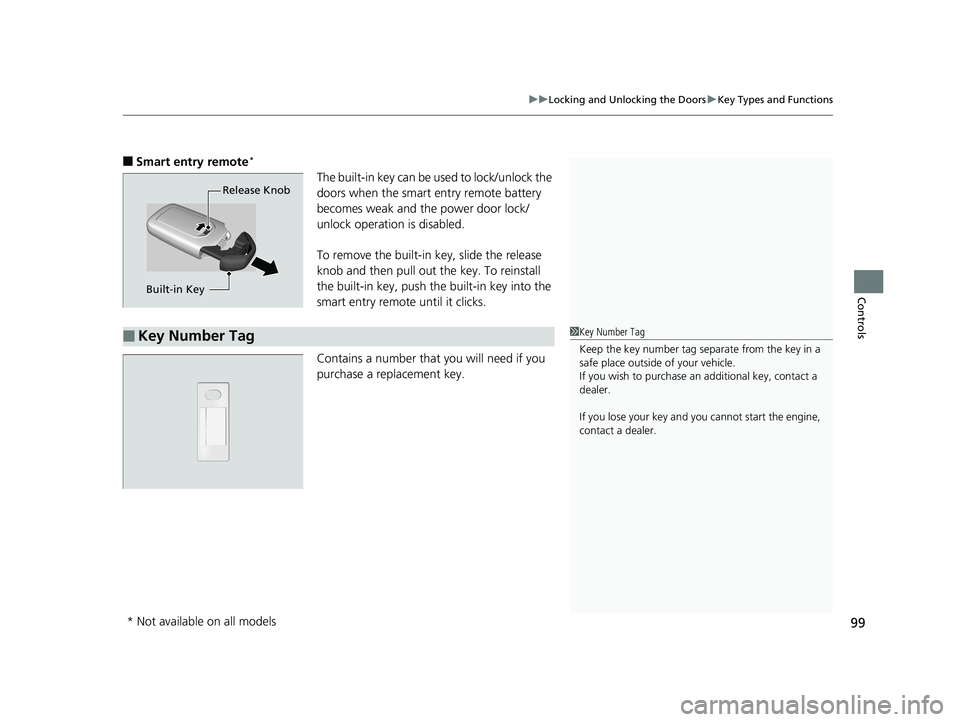 HONDA HR-V 2018 Owners Manual (in English) 99
uuLocking and Unlocking the Doors uKey Types and Functions
Controls
■Smart entry remote*
The built-in key can be us ed to lock/unlock the
doors when the smart entry remote battery
becomes weak HONDA HR-V 2018 Owners Manual (in English) 99
uuLocking and Unlocking the Doors uKey Types and Functions
Controls
■Smart entry remote*
The built-in key can be us ed to lock/unlock the
doors when the smart entry remote battery
becomes weak