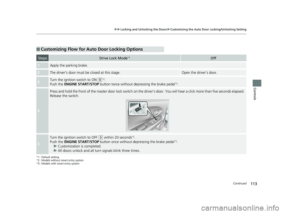 HONDA HR-V 2018  Owners Manual (in English) 113
uuLocking and Unlocking the Doors uCustomizing the Auto Door Locking/Unlocking Setting
Continued
Controls
*1 : Default setting
*2 : Models without smart entry system
*3 : Models with smart entry s