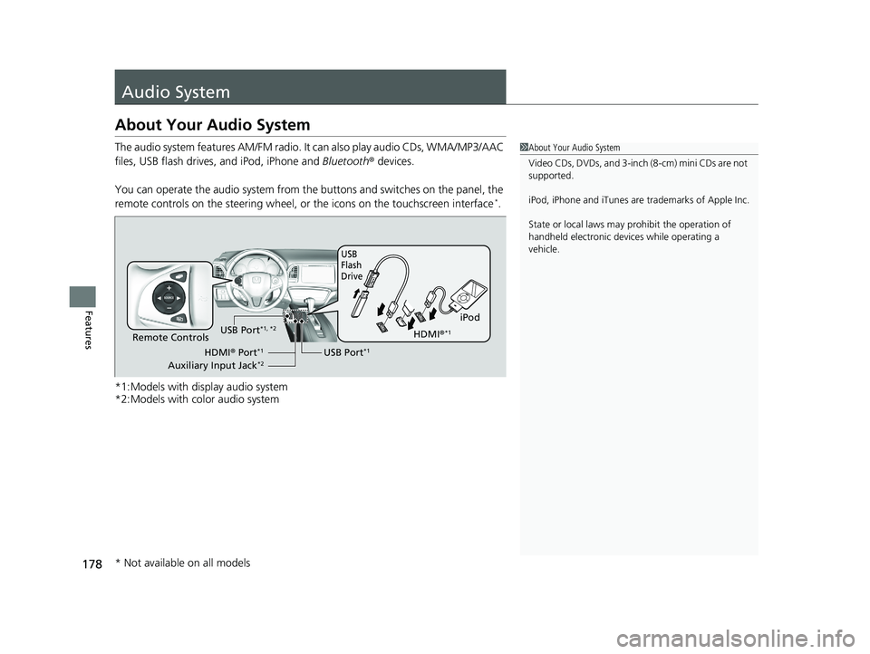 HONDA HR-V 2018  Owners Manual (in English) 178
Features
Audio System
About Your Audio System
The audio system features AM/FM radio. It can also play audio CDs, WMA/MP3/AAC 
files, USB flash drives, and iPod, iPhone and  Bluetooth® devices.
Yo