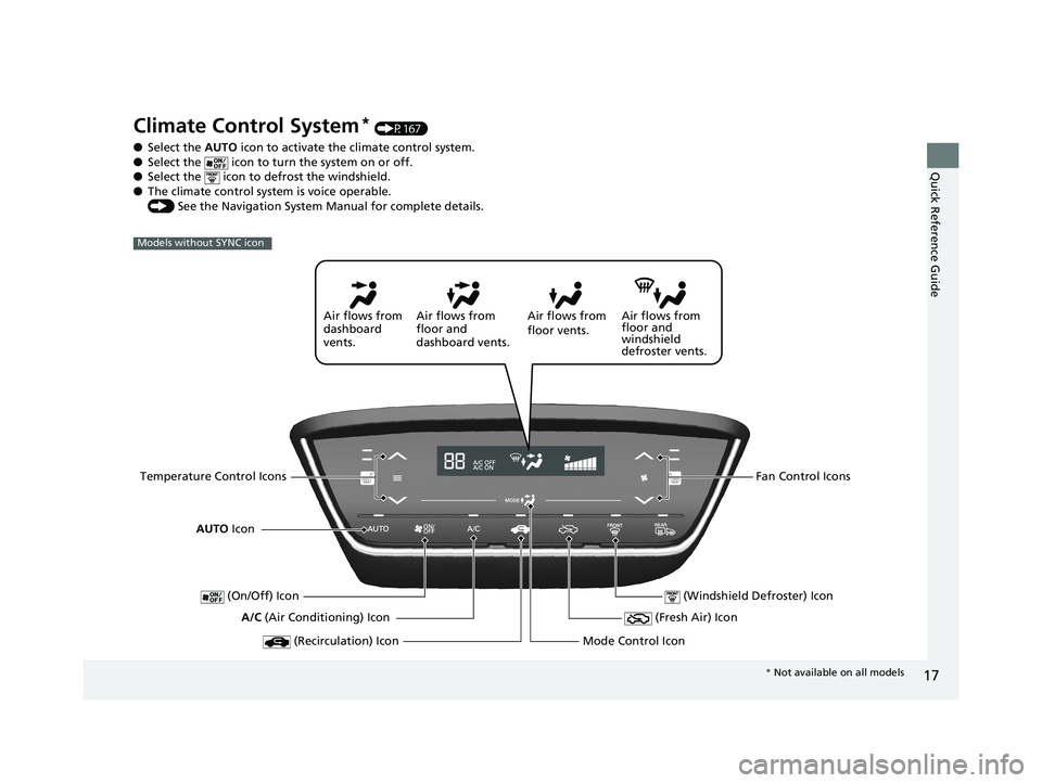 HONDA HR-V 2018 (in English) User Guide 17
Quick Reference Guide
Climate Control System* (P167)
● Select the AUTO icon to activate the climate control system.
● Select the icon to tu rn the system on or off.
● Select the icon to HONDA HR-V 2018 (in English) User Guide 17
Quick Reference Guide
Climate Control System* (P167)
● Select the AUTO icon to activate the climate control system.
● Select the icon to tu rn the system on or off.
● Select the icon to