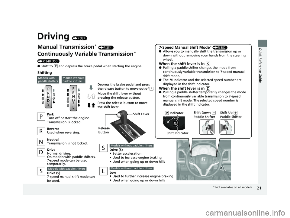 HONDA HR-V 2018 (in English) Owners Guide 21
Quick Reference Guide
Driving (P327)
Depress the brake pedal and press
the release button to move out of
(P.
Manual Transmission* (P354)
Continuously Variable Transmission*
(P348, 350)
● Shift HONDA HR-V 2018 (in English) Owners Guide 21
Quick Reference Guide
Driving (P327)
Depress the brake pedal and press
the release button to move out of
(P.
Manual Transmission* (P354)
Continuously Variable Transmission*
(P348, 350)
● Shift