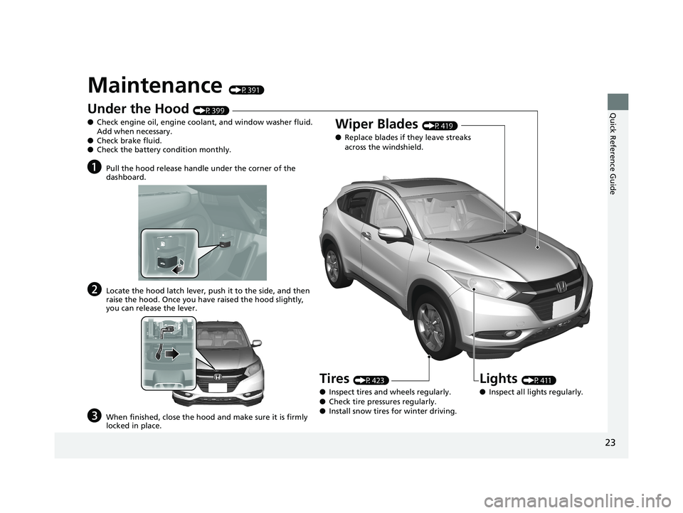 HONDA HR-V 2018  Owners Manual (in English) 23
Quick Reference Guide
Maintenance (P391)
Under the Hood (P399)
● Check engine oil, engine coolant, and window washer fluid. 
Add when necessary.
● Check brake fluid.
● Check the battery condi