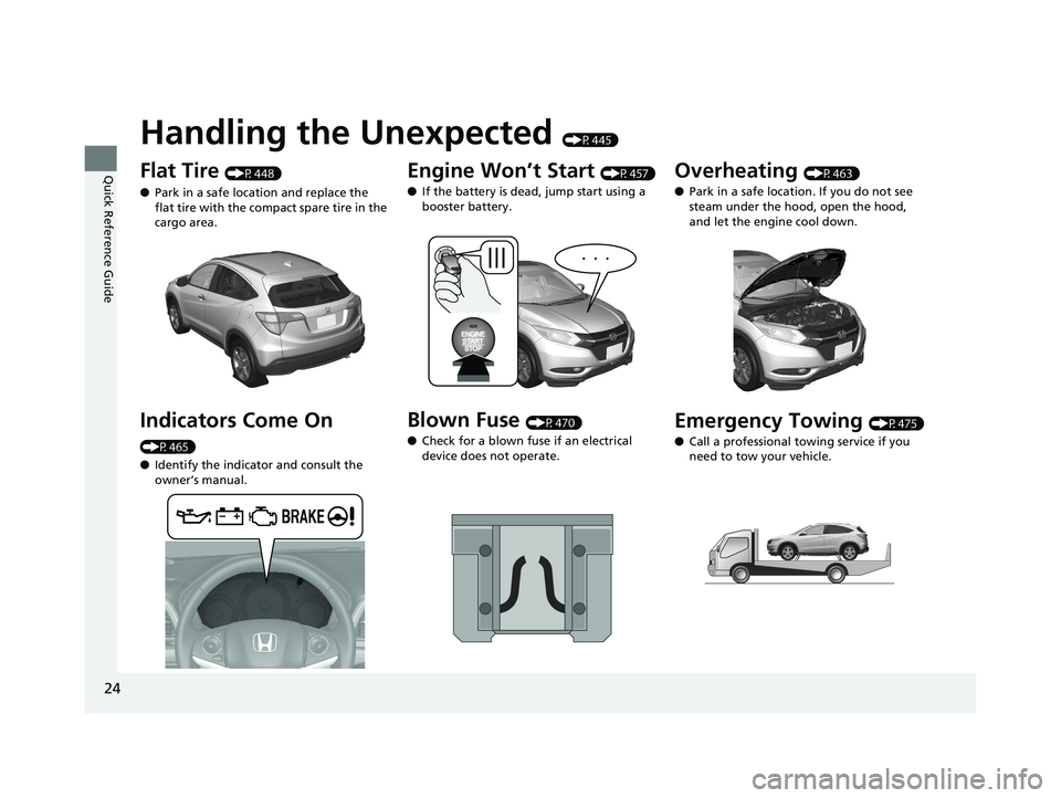 HONDA HR-V 2018 (in English) Owners Guide 24
Quick Reference Guide
Handling the Unexpected (P445)
Flat Tire (P448)
● Park in a safe location and replace the
flat tire with the compact spare tire in the
cargo area.
Indicators Come On
(P46 HONDA HR-V 2018 (in English) Owners Guide 24
Quick Reference Guide
Handling the Unexpected (P445)
Flat Tire (P448)
● Park in a safe location and replace the
flat tire with the compact spare tire in the
cargo area.
Indicators Come On
(P46