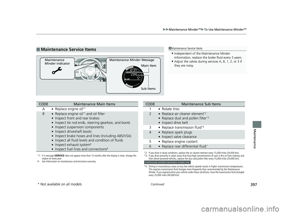 HONDA HR-V 2018 Owners Manual (in English) 397
uuMaintenance MinderTMuTo Use Maintenance MinderTM
Continued
Maintenance
■Maintenance Service Items1Maintenance Service Items
•Independent of the Maintenance Minder
information, replace the b HONDA HR-V 2018 Owners Manual (in English) 397
uuMaintenance MinderTMuTo Use Maintenance MinderTM
Continued
Maintenance
■Maintenance Service Items1Maintenance Service Items
•Independent of the Maintenance Minder
information, replace the b