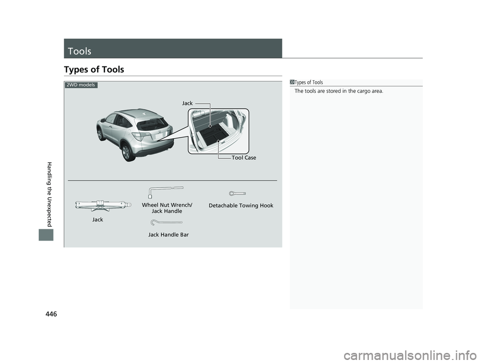 HONDA HR-V 2018   (in English) Owners Guide 446
Handling the Unexpected
Tools
Types of Tools
1Types of Tools
The tools are stored in the cargo area.
Wheel Nut Wrench/
Jack Handle
Jack Handle Bar Detachable Towing HookTool Case
Jack
Jack
2WD mod HONDA HR-V 2018   (in English) Owners Guide 446
Handling the Unexpected
Tools
Types of Tools
1Types of Tools
The tools are stored in the cargo area.
Wheel Nut Wrench/
Jack Handle
Jack Handle Bar Detachable Towing HookTool Case
Jack
Jack
2WD mod