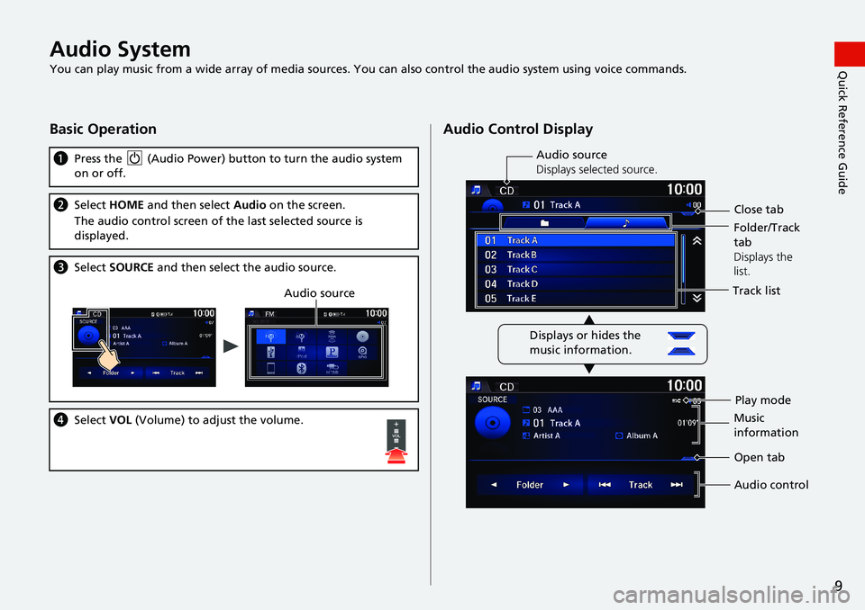 HONDA HR-V 2018 Navigation Manual (in English) 9
Quick Reference GuideAudio System
You can play music from a wide array of media sources. You can also control the audio system using voice commands.
Basic Operation
aPress the (Audio Power) button HONDA HR-V 2018 Navigation Manual (in English) 9
Quick Reference GuideAudio System
You can play music from a wide array of media sources. You can also control the audio system using voice commands.
Basic Operation
aPress the (Audio Power) button
