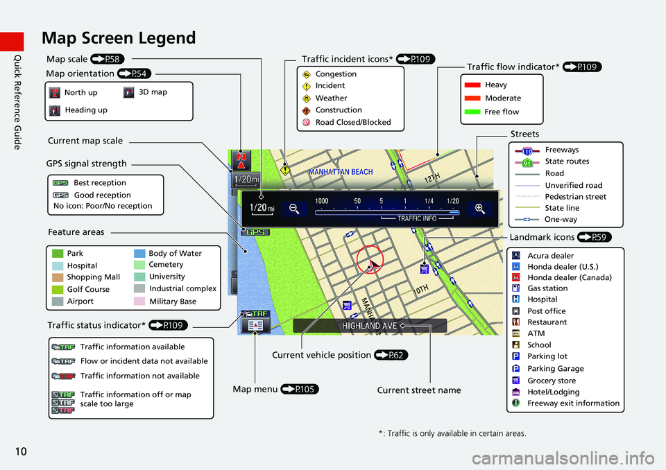 HONDA HR-V 2018  Navigation Manual (in English) 10
Quick Reference GuideMap Screen Legend
Park
Hospital
Golf CourseBody of Water
Cemetery
University
Airport
Industrial complex
Feature areas
Traffic status indicator* (P109)
Map orientation (P54)
GPS