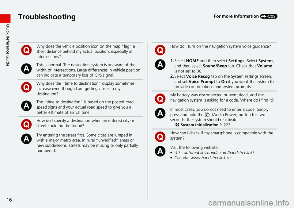 HONDA HR-V 2018  Navigation Manual (in English) 16
Quick Reference GuideTroubleshootingFor more Information (P205)
Why does the vehicle position icon on the map “lag” a 
short distance behind my actual position, especially at 
intersections?
Th