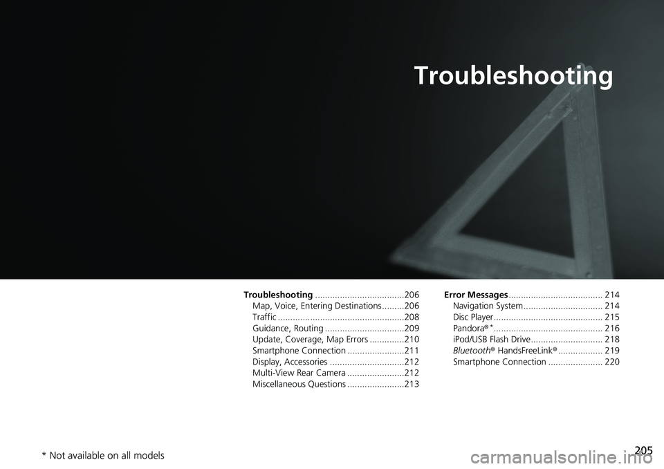 HONDA HR-V 2018 Navigation Manual (in English) 205
Troubleshooting
Troubleshooting....................................206
Map, Voice, Entering Destinations .........206
Traffic ...................................................208
Guidance, Routi HONDA HR-V 2018 Navigation Manual (in English) 205
Troubleshooting
Troubleshooting....................................206
Map, Voice, Entering Destinations .........206
Traffic ...................................................208
Guidance, Routi