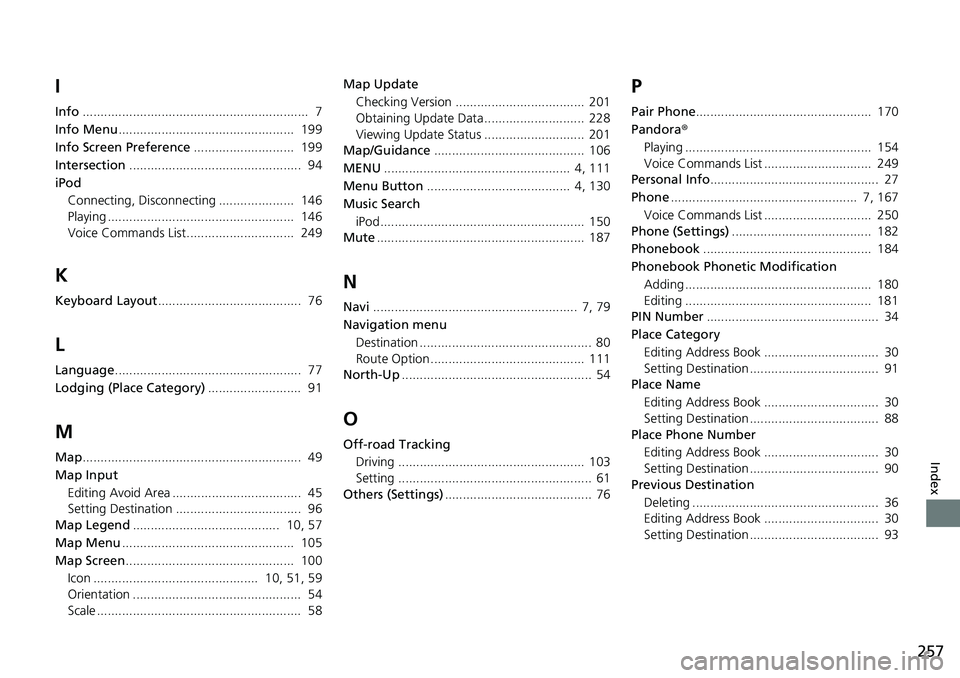 HONDA HR-V 2018 Navigation Manual (in English) 257
Index
I
Info............................................................... 7
Info Menu................................................. 199
Info Screen Preference............................ 1 HONDA HR-V 2018 Navigation Manual (in English) 257
Index
I
Info............................................................... 7
Info Menu................................................. 199
Info Screen Preference............................ 1