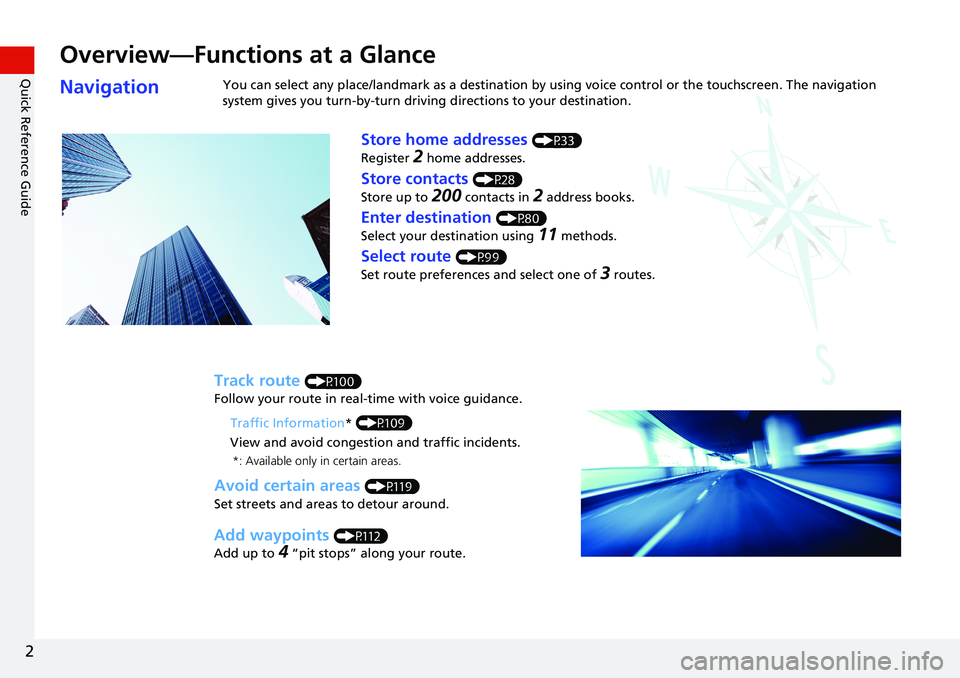 HONDA HR-V 2018  Navigation Manual (in English) 2
Quick Reference Guide
Quick Reference Guide
Overview—Functions at a Glance
NavigationYou can select any place/landmark as a destination by using voice control or the touchscreen. The navigation 
s