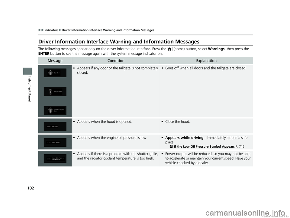 HONDA ODYSSEY 2018 Owners Manual (in English) 102
uuIndicators uDriver Information Interface Wa rning and Information Messages
Instrument Panel
Driver Information Interface Warning and Information Messages
The following messages appear only on th HONDA ODYSSEY 2018 Owners Manual (in English) 102
uuIndicators uDriver Information Interface Wa rning and Information Messages
Instrument Panel
Driver Information Interface Warning and Information Messages
The following messages appear only on th