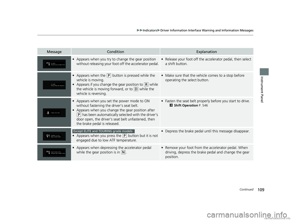 HONDA ODYSSEY 2018 Owners Manual (in English) 109
uuIndicators uDriver Information Interface Wa rning and Information Messages
Continued
Instrument Panel
MessageConditionExplanation
•Appears when you try to ch ange the gear position
without re HONDA ODYSSEY 2018 Owners Manual (in English) 109
uuIndicators uDriver Information Interface Wa rning and Information Messages
Continued
Instrument Panel
MessageConditionExplanation
•Appears when you try to ch ange the gear position
without re