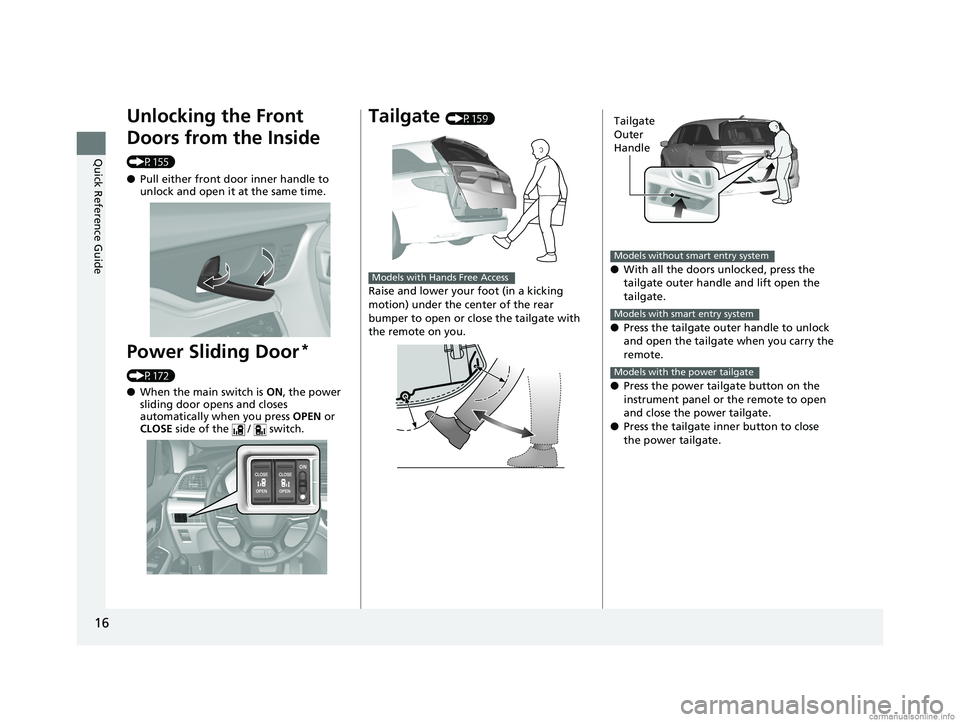 HONDA ODYSSEY 2018 (in English) User Guide 16
Quick Reference Guide
Unlocking the Front
Doors from the Inside
(P155)
●Pull either front door inner handle to
unlock and open it at the same time.
Power Sliding Door*
(P172)
●When the main HONDA ODYSSEY 2018 (in English) User Guide 16
Quick Reference Guide
Unlocking the Front
Doors from the Inside
(P155)
●Pull either front door inner handle to
unlock and open it at the same time.
Power Sliding Door*
(P172)
●When the main