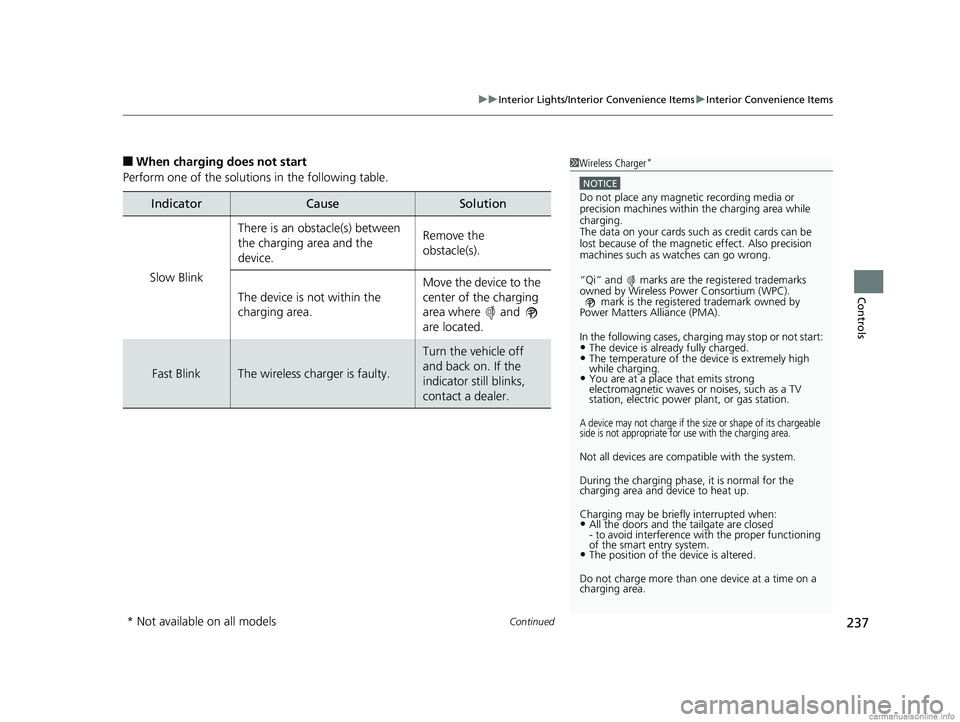 HONDA ODYSSEY 2018 Owners Manual (in English) Continued237
uuInterior Lights/Interior Convenience Items uInterior Convenience Items
Controls
■When charging does not start
Perform one of the solutions in the following table.
IndicatorCauseSoluti HONDA ODYSSEY 2018 Owners Manual (in English) Continued237
uuInterior Lights/Interior Convenience Items uInterior Convenience Items
Controls
■When charging does not start
Perform one of the solutions in the following table.
IndicatorCauseSoluti