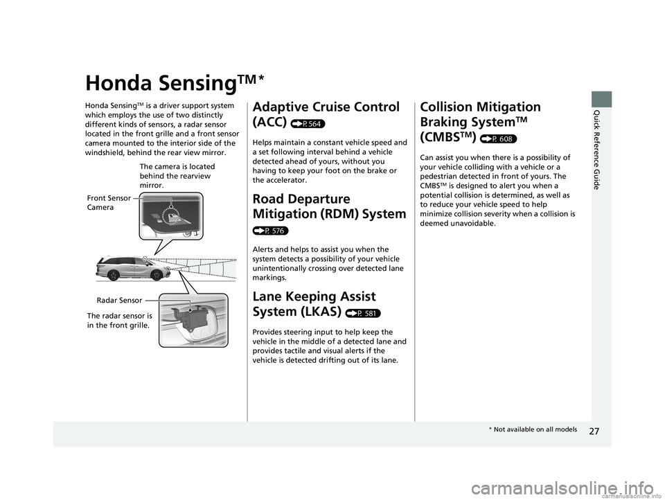 HONDA ODYSSEY 2018 (in English) Owners Guide 27
Quick Reference Guide
Honda SensingTM *
Honda SensingTM is a driver support system
which employs the use of two distinctly
different kinds of sensors, a radar sensor
located in the front grille HONDA ODYSSEY 2018 (in English) Owners Guide 27
Quick Reference Guide
Honda SensingTM *
Honda SensingTM is a driver support system
which employs the use of two distinctly
different kinds of sensors, a radar sensor
located in the front grille