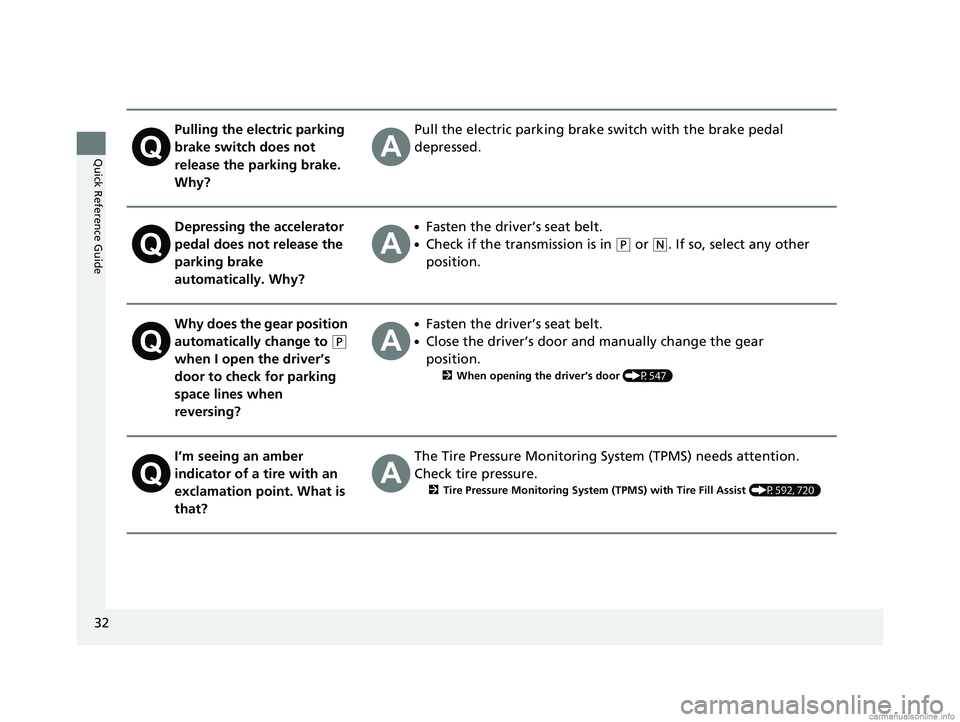 HONDA ODYSSEY 2018 (in English) Owners Guide 32
Quick Reference Guide
Pulling the electric parking
brake switch does not
release the parking brake.
Why?Pull the electric parking brake switch with the brake pedal
depressed.
Depressing the acc HONDA ODYSSEY 2018 (in English) Owners Guide 32
Quick Reference Guide
Pulling the electric parking
brake switch does not
release the parking brake.
Why?Pull the electric parking brake switch with the brake pedal
depressed.
Depressing the acc