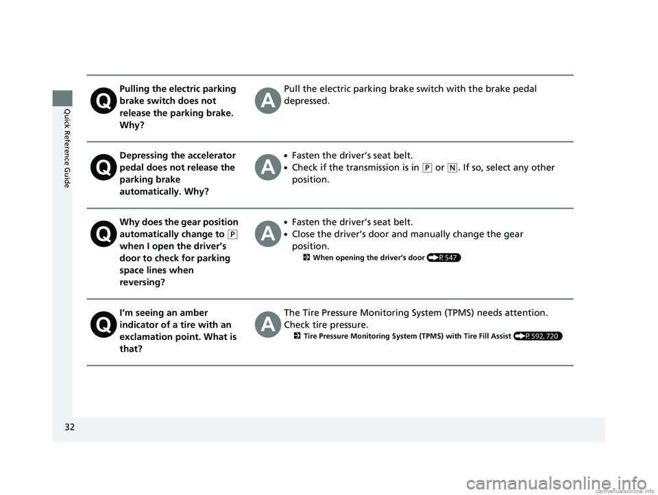 HONDA ODYSSEY 2018  Owners Manual (in English) 32
Quick Reference Guide
Pulling the electric parking 
brake switch does not 
release the parking brake. 
Why?Pull the electric parking brake switch with the brake pedal 
depressed.
Depressing the acc