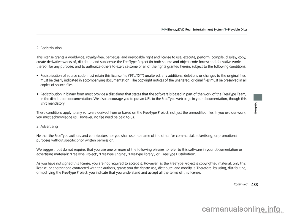 HONDA ODYSSEY 2018 Owners Manual (in English) 433
uuBlu-ray/DVD Rear Entertainment System*uPlayable Discs
Continued
Features
2. Redistribution
This license grants a worldwide, royalty-fr ee, perpetual and irrevocable right and license to use, ex HONDA ODYSSEY 2018 Owners Manual (in English) 433
uuBlu-ray/DVD Rear Entertainment System*uPlayable Discs
Continued
Features
2. Redistribution
This license grants a worldwide, royalty-fr ee, perpetual and irrevocable right and license to use, ex