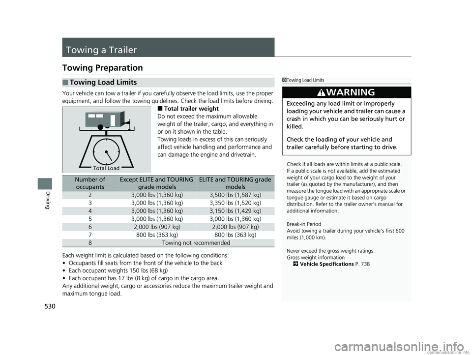HONDA ODYSSEY 2018 Owners Manual (in English) 530
Driving
Towing a Trailer
Towing Preparation
Your vehicle can tow a trailer if you carefully observe the load limits, use the proper
equipment, and follow the towing guidelin es. Check the load li HONDA ODYSSEY 2018 Owners Manual (in English) 530
Driving
Towing a Trailer
Towing Preparation
Your vehicle can tow a trailer if you carefully observe the load limits, use the proper
equipment, and follow the towing guidelin es. Check the load li