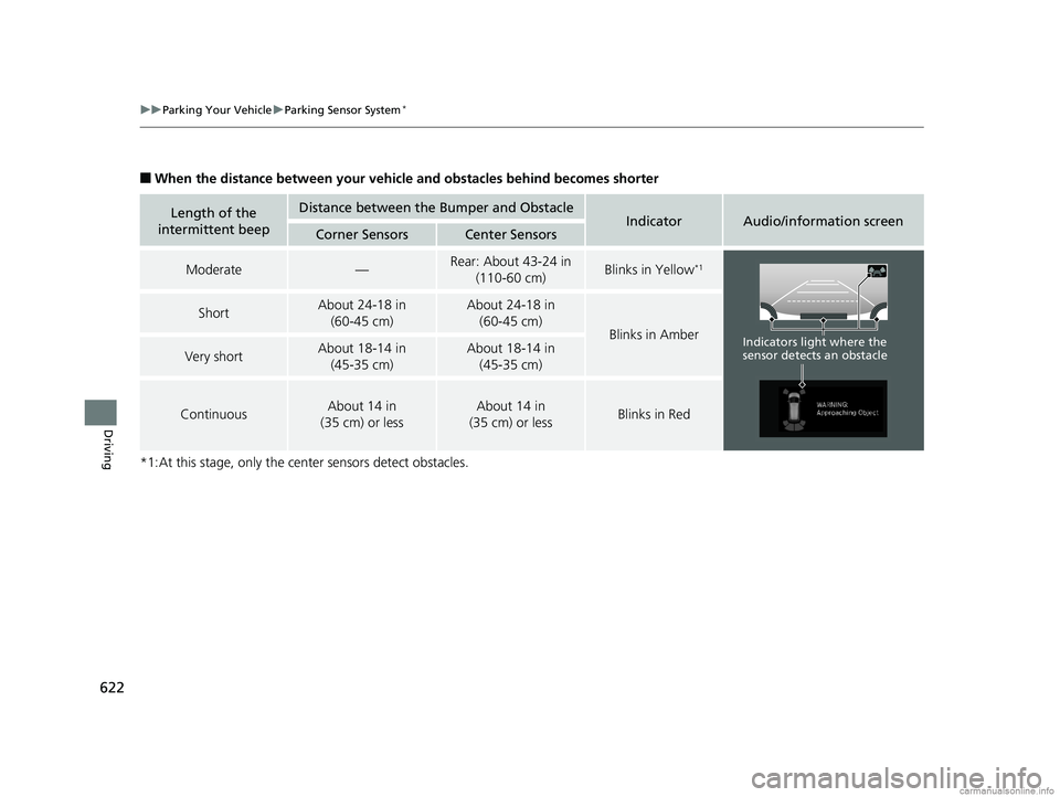 HONDA ODYSSEY 2018 Owners Manual (in English) 622
uuParking Your Vehicle uParking Sensor System*
Driving
■When the distance between your vehicl e and obstacles behind becomes shorter
*1:At this stage, only the center sensors detect obstacles.
L HONDA ODYSSEY 2018 Owners Manual (in English) 622
uuParking Your Vehicle uParking Sensor System*
Driving
■When the distance between your vehicl e and obstacles behind becomes shorter
*1:At this stage, only the center sensors detect obstacles.
L