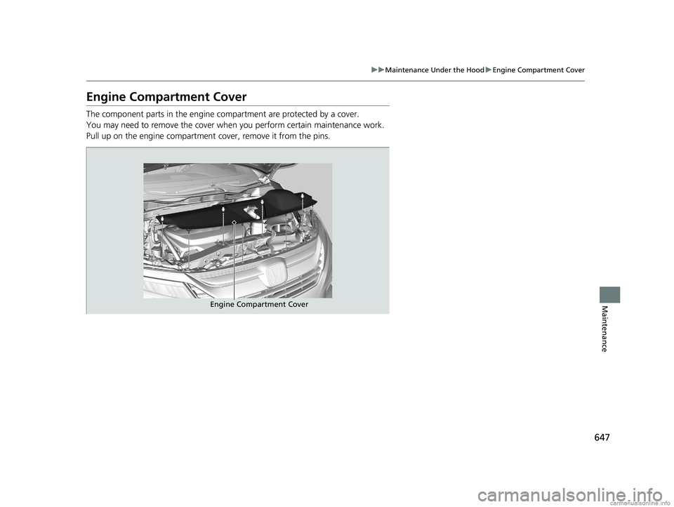HONDA ODYSSEY 2018 Owners Manual (in English) 647
uuMaintenance Under the Hood uEngine Compartment Cover
Maintenance
Engine Compartment Cover
The component parts in the engine co mpartment are protected by a cover.
You may need to remove the cove HONDA ODYSSEY 2018 Owners Manual (in English) 647
uuMaintenance Under the Hood uEngine Compartment Cover
Maintenance
Engine Compartment Cover
The component parts in the engine co mpartment are protected by a cover.
You may need to remove the cove