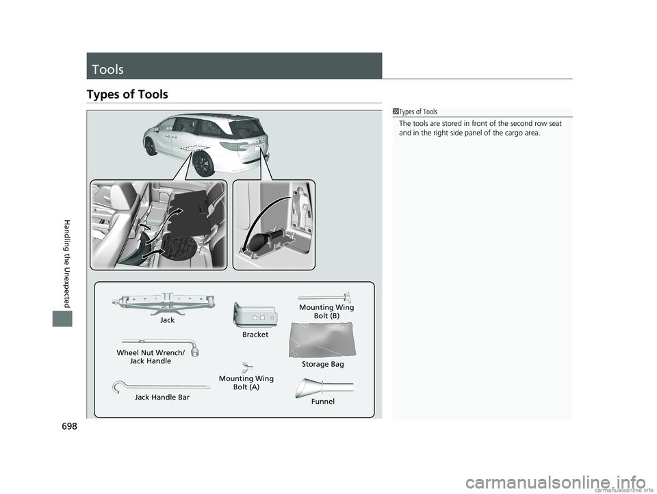 HONDA ODYSSEY 2018 Owners Manual (in English) 698
Handling the Unexpected
Tools
Types of Tools
1Types of Tools
The tools are stored in fr ont of the second row seat
and in the right side pa nel of the cargo area.
Wheel Nut Wrench/
Jack Handle Ja HONDA ODYSSEY 2018 Owners Manual (in English) 698
Handling the Unexpected
Tools
Types of Tools
1Types of Tools
The tools are stored in fr ont of the second row seat
and in the right side pa nel of the cargo area.
Wheel Nut Wrench/
Jack Handle Ja