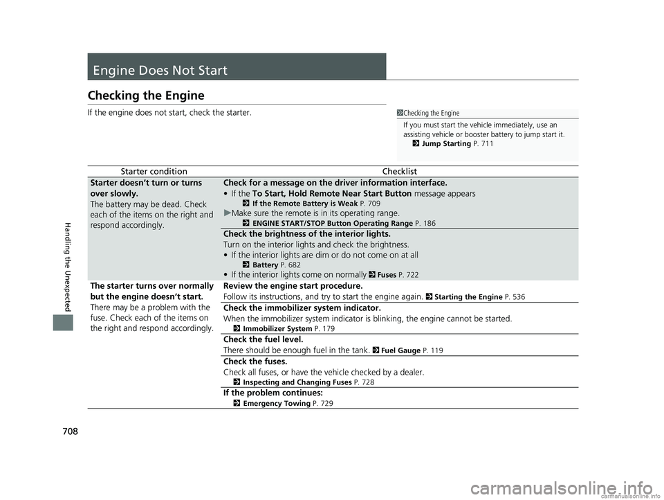 HONDA ODYSSEY 2018  Owners Manual (in English) 708
Handling the Unexpected
Engine Does Not Start
Checking the Engine
If the engine does not start, check the starter.
Starter conditionChecklist
Starter doesn’t turn or turns 
over slowly.
The batt