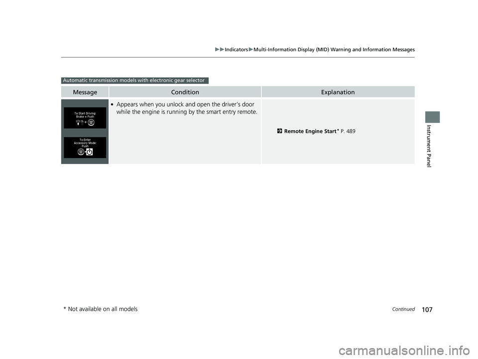 HONDA PILOT 2018 Owners Manual (in English) 107
uuIndicators uMulti-Information Display (MID) Warning and Information Messages
Continued
Instrument Panel
MessageConditionExplanation
●Appears when you unlock an d open the driver’s door
whil HONDA PILOT 2018 Owners Manual (in English) 107
uuIndicators uMulti-Information Display (MID) Warning and Information Messages
Continued
Instrument Panel
MessageConditionExplanation
●Appears when you unlock an d open the driver’s door
whil