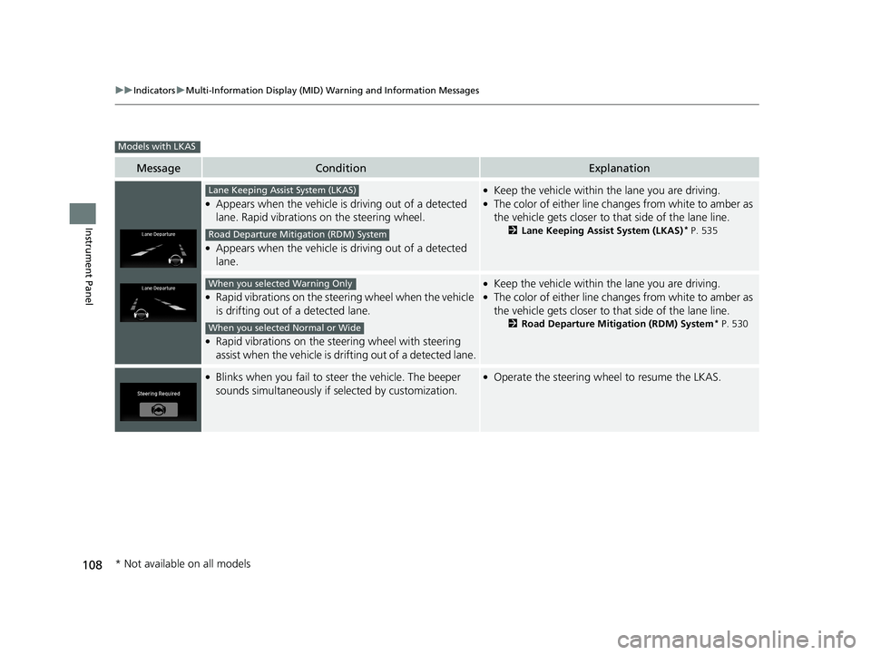 HONDA PILOT 2018 Owners Manual (in English) 108
uuIndicators uMulti-Information Display (MID) Warning and Information Messages
Instrument Panel
MessageConditionExplanation
●Appears when the vehicle is driving out of a detected
lane. Rapid vi HONDA PILOT 2018 Owners Manual (in English) 108
uuIndicators uMulti-Information Display (MID) Warning and Information Messages
Instrument Panel
MessageConditionExplanation
●Appears when the vehicle is driving out of a detected
lane. Rapid vi