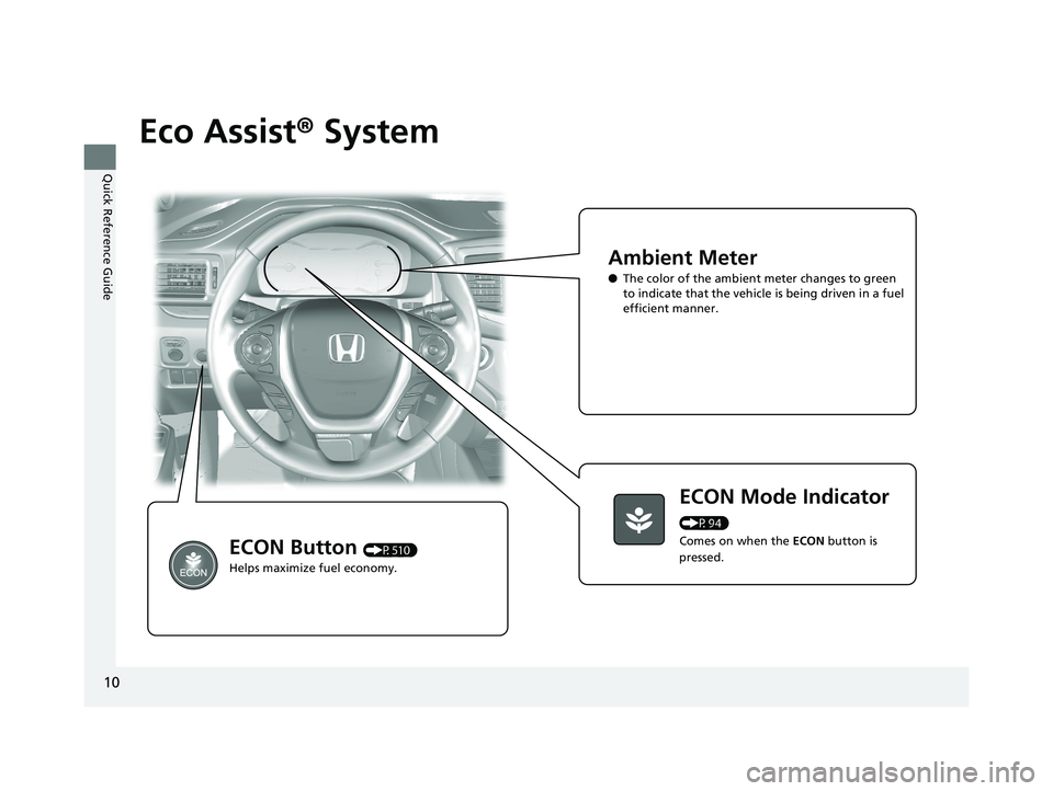 HONDA PILOT 2018 (in English) User Guide 10
Quick Reference Guide
Eco Assist® System
Ambient Meter
●The color of the ambient meter changes to green
to indicate that the vehicle is being driven in a fuel
efficient manner.
ECON Mode Indic HONDA PILOT 2018 (in English) User Guide 10
Quick Reference Guide
Eco Assist® System
Ambient Meter
●The color of the ambient meter changes to green
to indicate that the vehicle is being driven in a fuel
efficient manner.
ECON Mode Indic