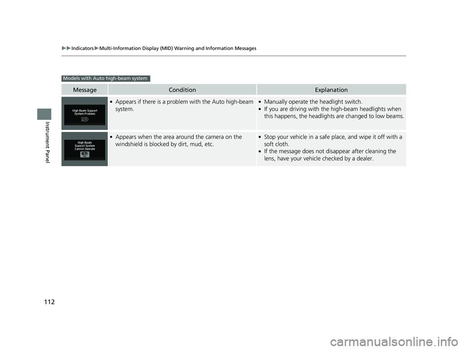 HONDA PILOT 2018 Owners Manual (in English) 112
uuIndicators uMulti-Information Display (MID) Warning and Information Messages
Instrument Panel
MessageConditionExplanation
●Appears if there is a problem with the Auto high-beam
system.●Manu HONDA PILOT 2018 Owners Manual (in English) 112
uuIndicators uMulti-Information Display (MID) Warning and Information Messages
Instrument Panel
MessageConditionExplanation
●Appears if there is a problem with the Auto high-beam
system.●Manu