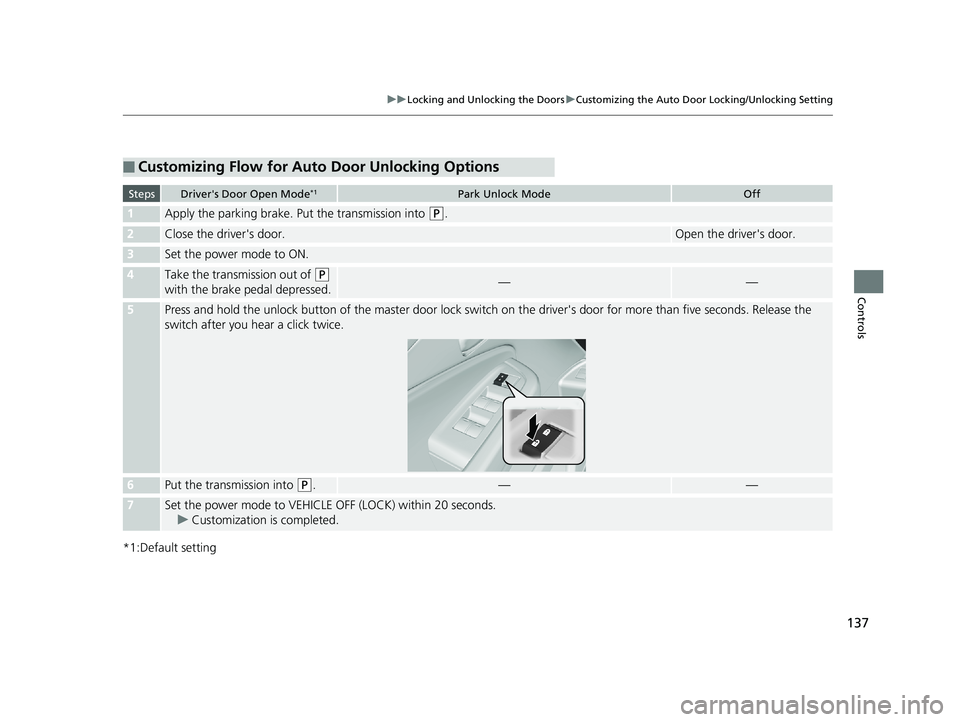 HONDA PILOT 2018 Owners Manual (in English) 137
uuLocking and Unlocking the Doors uCustomizing the Auto Door Locking/Unlocking Setting
Controls
*1:Default setting
■Customizing Flow for Auto Door Unlocking Options
StepsDriver's Door Open M HONDA PILOT 2018 Owners Manual (in English) 137
uuLocking and Unlocking the Doors uCustomizing the Auto Door Locking/Unlocking Setting
Controls
*1:Default setting
■Customizing Flow for Auto Door Unlocking Options
StepsDriver's Door Open M