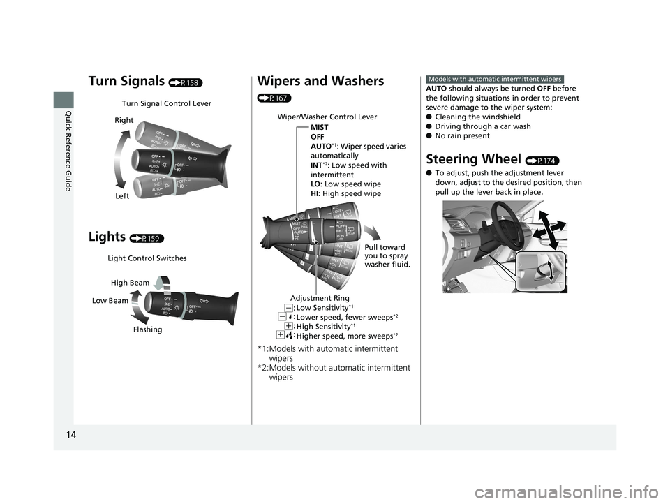 HONDA PILOT 2018  Owners Manual (in English) 14
Quick Reference Guide
Turn Signals (P158)
Lights (P159)
Turn Signal Control Lever
Right
Left
Light Control Switches
Low Beam High Beam
Flashing
Wipers and Washers 
(P167)
*1:Models with automatic i
