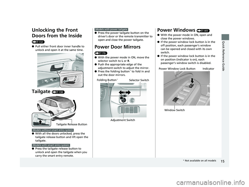 HONDA PILOT 2018 (in English) User Guide 15
Quick Reference Guide
Unlocking the Front
Doors from the Inside
(P132)
●Pull either front door inner handle to
unlock and open it at the same time.
Tailgate (P138)
● With all the doors unloc HONDA PILOT 2018 (in English) User Guide 15
Quick Reference Guide
Unlocking the Front
Doors from the Inside
(P132)
●Pull either front door inner handle to
unlock and open it at the same time.
Tailgate (P138)
● With all the doors unloc
