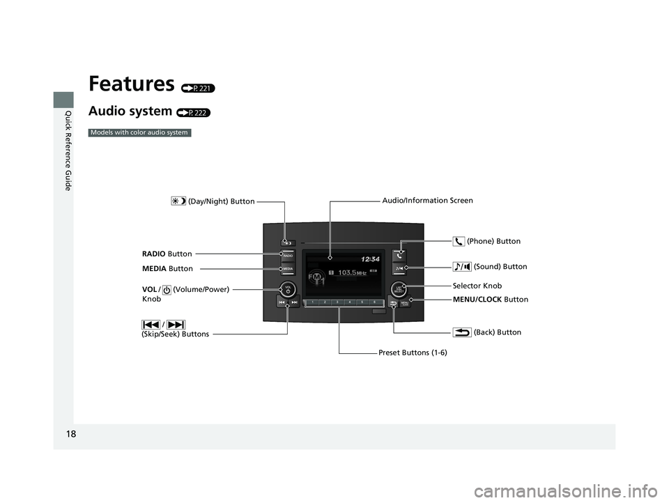 HONDA PILOT 2018  Owners Manual (in English) 18
Quick Reference Guide
Features (P221)
Audio system (P222)
Models with color audio system
MENU/CLOCK Button
Selector Knob
 (Day/Night) Button
 (Back) Button
 (Sound) Button
VOL
 /   (Volume/Power) 
