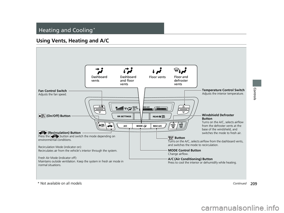 HONDA PILOT 2018 Owners Manual (in English) 209Continued
Controls
Heating and Cooling*
Using Vents, Heating and A/C
MODE Control ButtonChange airflow.
Floor and
defroster
vents
Floor vents
Dashboard
and floor
vents
Dashboard
vents
Fan Cont HONDA PILOT 2018 Owners Manual (in English) 209Continued
Controls
Heating and Cooling*
Using Vents, Heating and A/C
MODE Control ButtonChange airflow.
Floor and
defroster
vents
Floor vents
Dashboard
and floor
vents
Dashboard
vents
Fan Cont