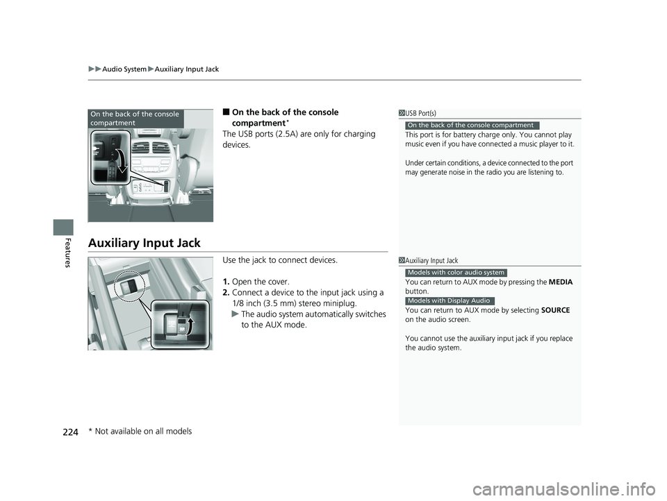 HONDA PILOT 2018 Owners Manual (in English) uuAudio System uAuxiliary Input Jack
224
Features
■On the back of the console
compartment*
The USB ports (2.5A) are only for charging
devices.
Auxiliary Input Jack
Use the jack to connect devices. HONDA PILOT 2018 Owners Manual (in English) uuAudio System uAuxiliary Input Jack
224
Features
■On the back of the console
compartment*
The USB ports (2.5A) are only for charging
devices.
Auxiliary Input Jack
Use the jack to connect devices.